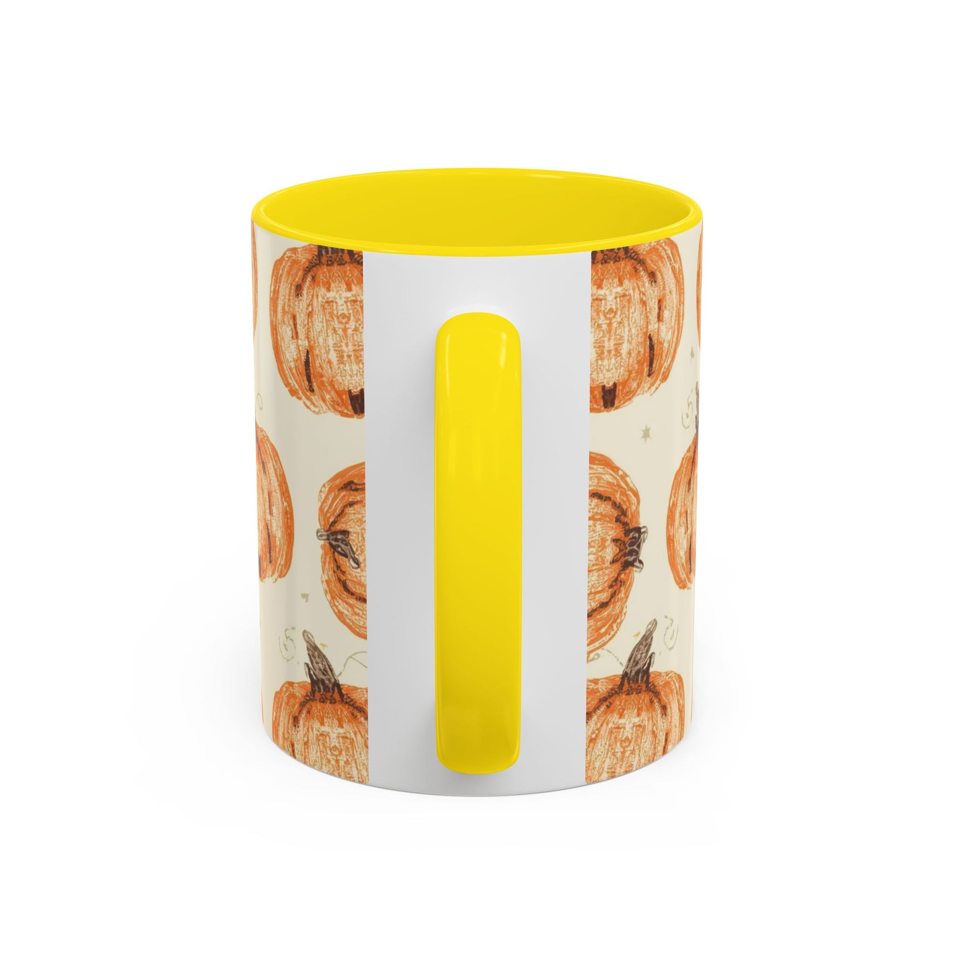 Back view of Grateful, Blessed & Pumpkin Obsessed yellow accent mug — autumn pumpkin print with matching yellow handle and rim.