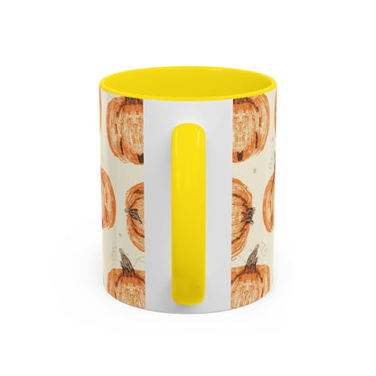 Back view of Grateful, Blessed & Pumpkin Obsessed yellow accent mug — autumn pumpkin print with matching yellow handle and rim.
