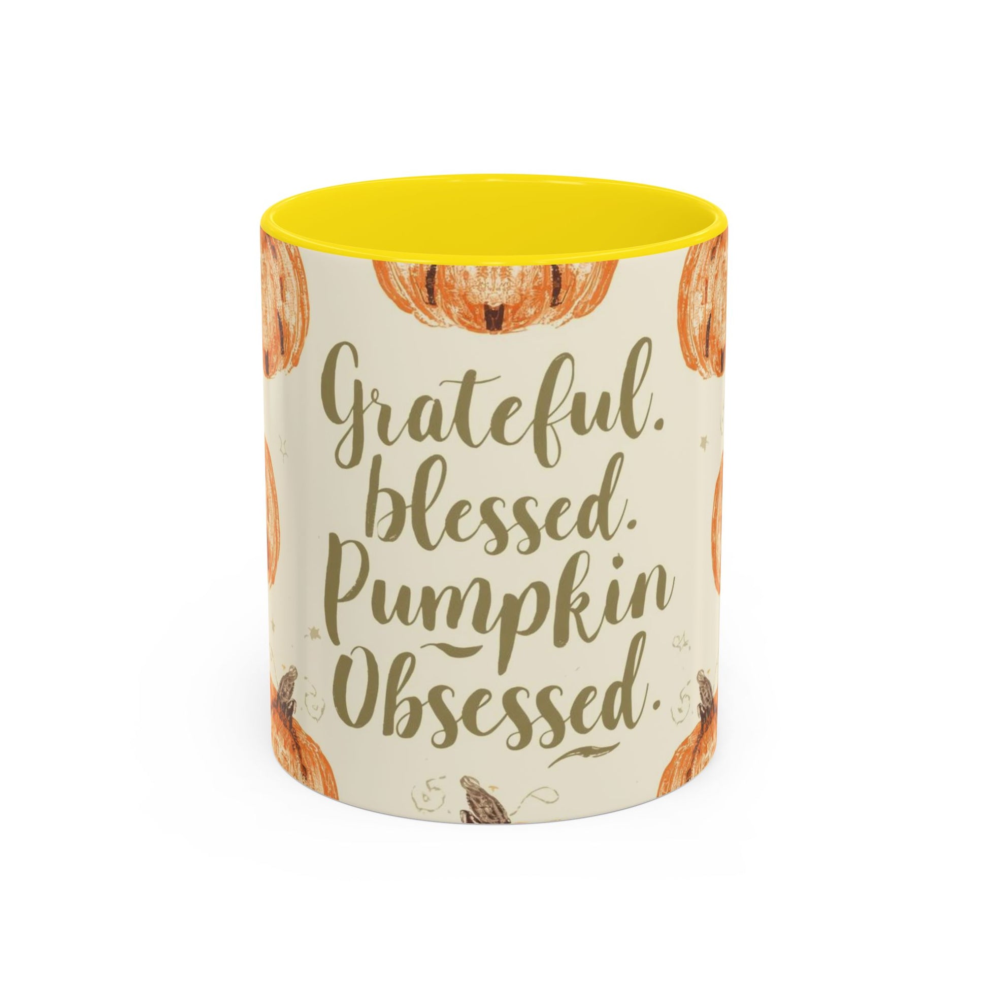 Grateful, Blessed & Pumpkin Obsessed 11oz yellow accent mug — fall coffee cup with orange pumpkin pattern and golden yellow handle.