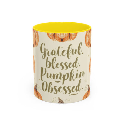 Grateful, Blessed & Pumpkin Obsessed 11oz yellow accent mug — fall coffee cup with orange pumpkin pattern and golden yellow handle.
