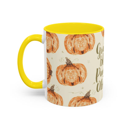 Side view of Grateful, Blessed & Pumpkin Obsessed 11oz mug — cozy fall design featuring hand-drawn pumpkins and warm yellow interior.