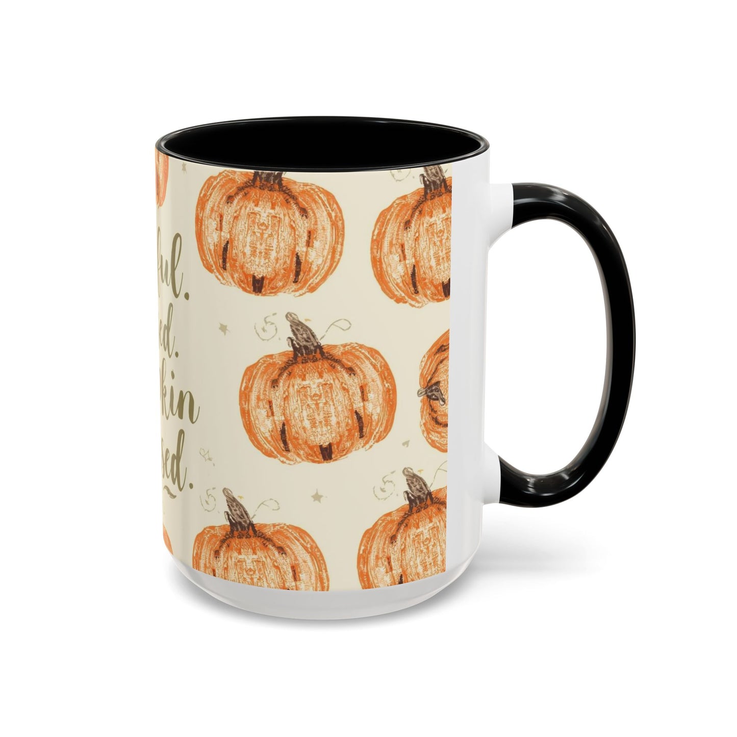 Grateful, Blessed & Pumpkin Obsessed 15oz black accent mug — cozy fall coffee cup with orange pumpkin pattern and glossy black interior.