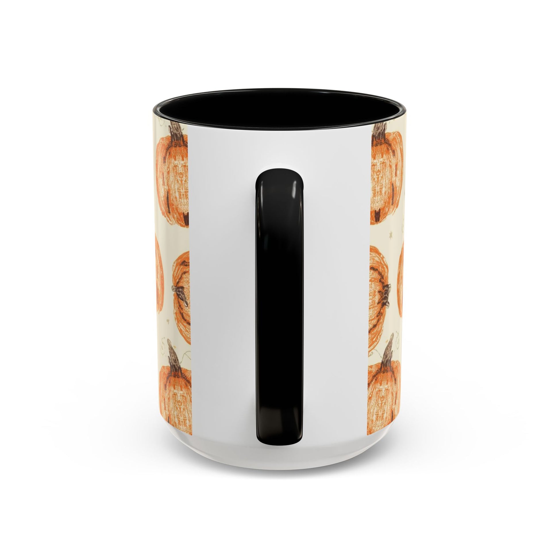 Back view of Grateful, Blessed & Pumpkin Obsessed 15oz black accent mug — fall pumpkin print with sleek black handle and interior.