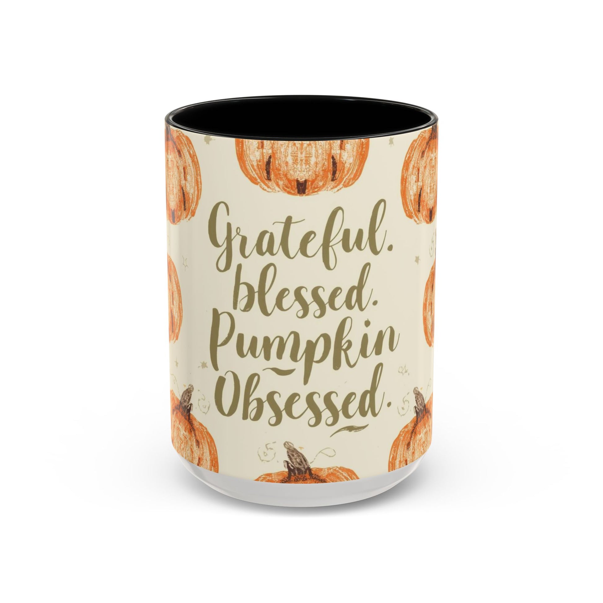 Grateful, Blessed & Pumpkin Obsessed 15oz black accent mug — cozy fall coffee cup with orange pumpkin pattern and glossy black interior.