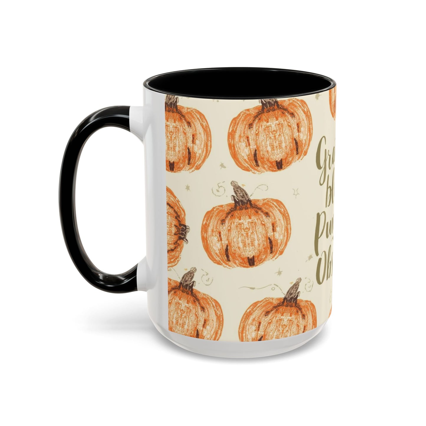Side view of Grateful, Blessed & Pumpkin Obsessed black accent mug — autumn pumpkin design with cream background and elegant black handle.