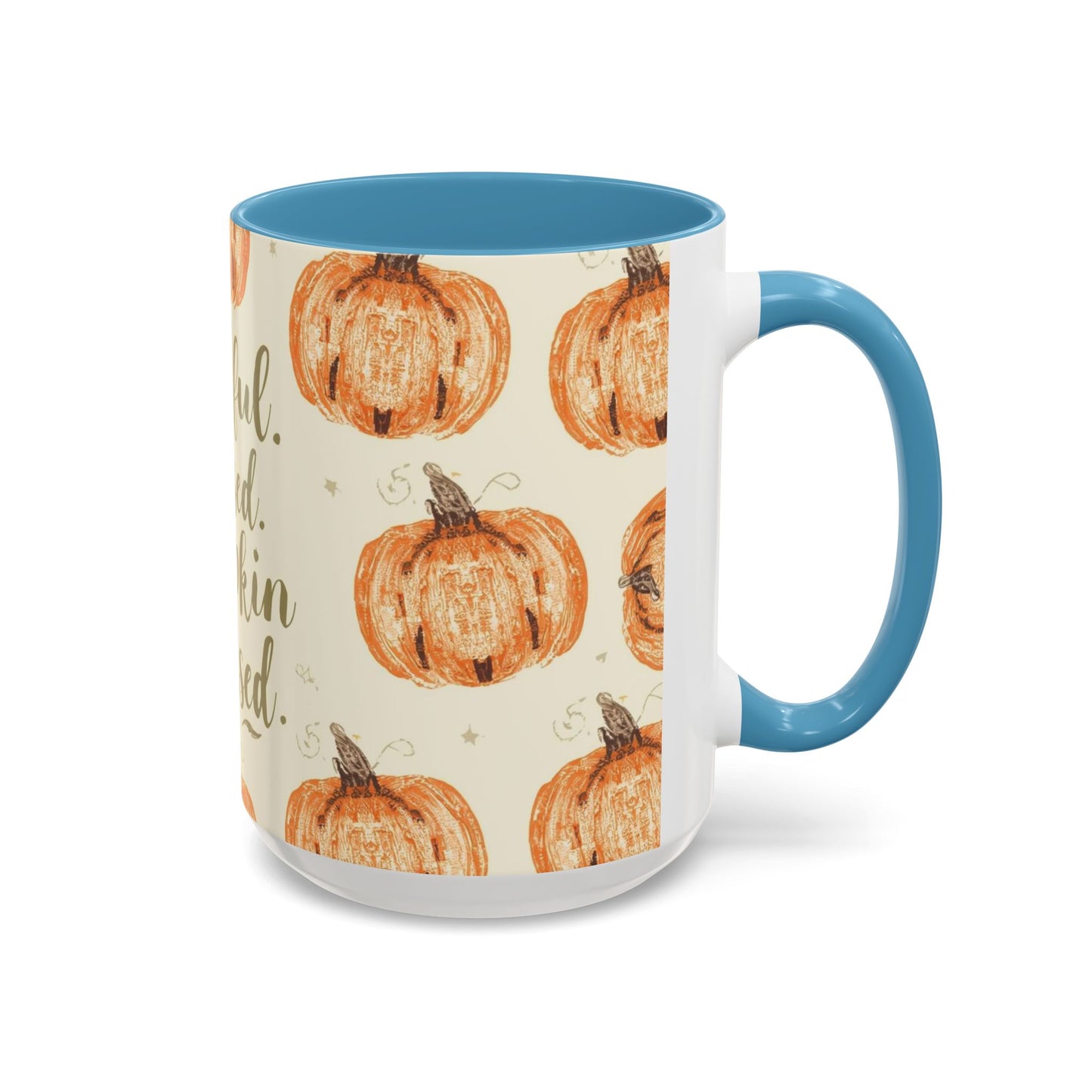 Grateful, Blessed & Pumpkin Obsessed 15oz light blue accent mug — large autumn coffee cup with hand-drawn pumpkin pattern and blue interior.