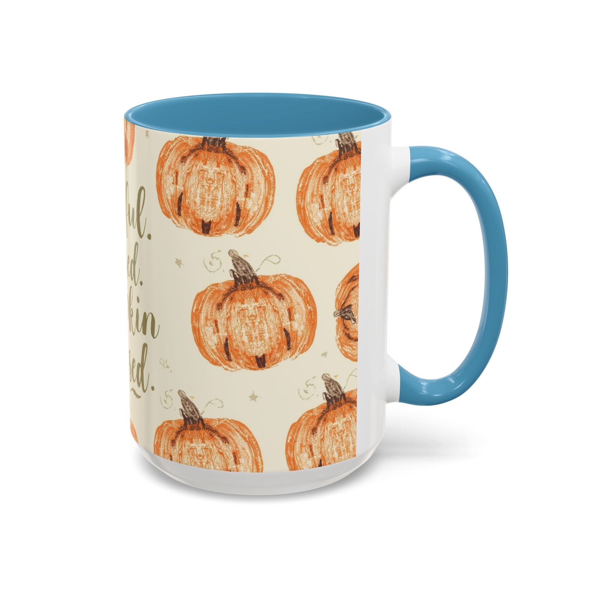 Grateful, Blessed & Pumpkin Obsessed 15oz light blue accent mug — large autumn coffee cup with hand-drawn pumpkin pattern and blue interior.