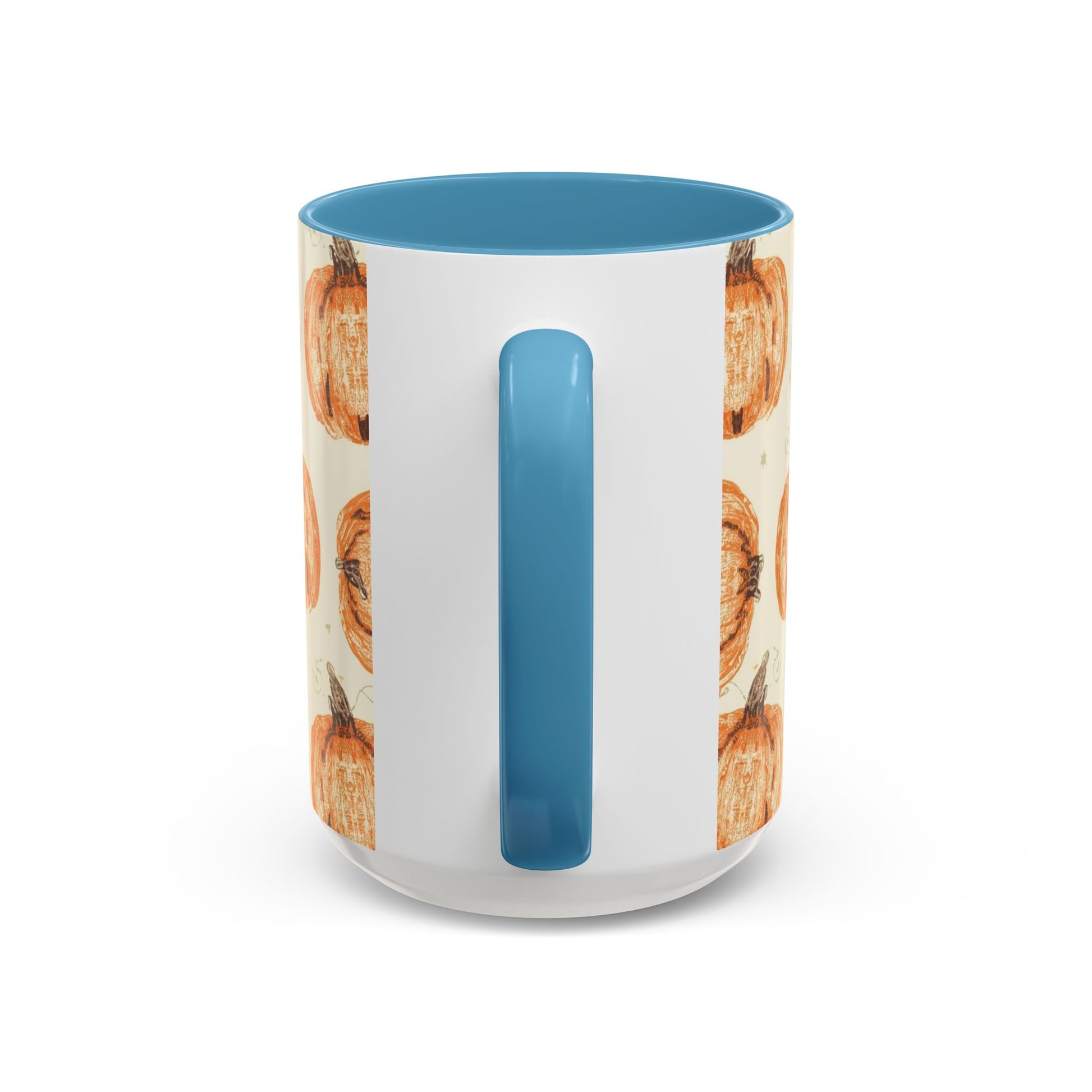 Back view of Grateful, Blessed & Pumpkin Obsessed light blue accent mug — autumn pumpkin print with matching blue handle and interior.