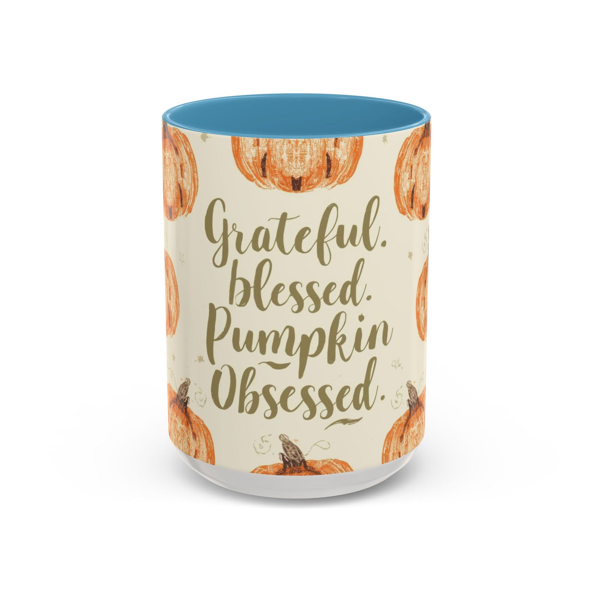 Grateful, Blessed & Pumpkin Obsessed 15oz light blue accent mug — large autumn coffee cup with hand-drawn pumpkin pattern and blue interior.