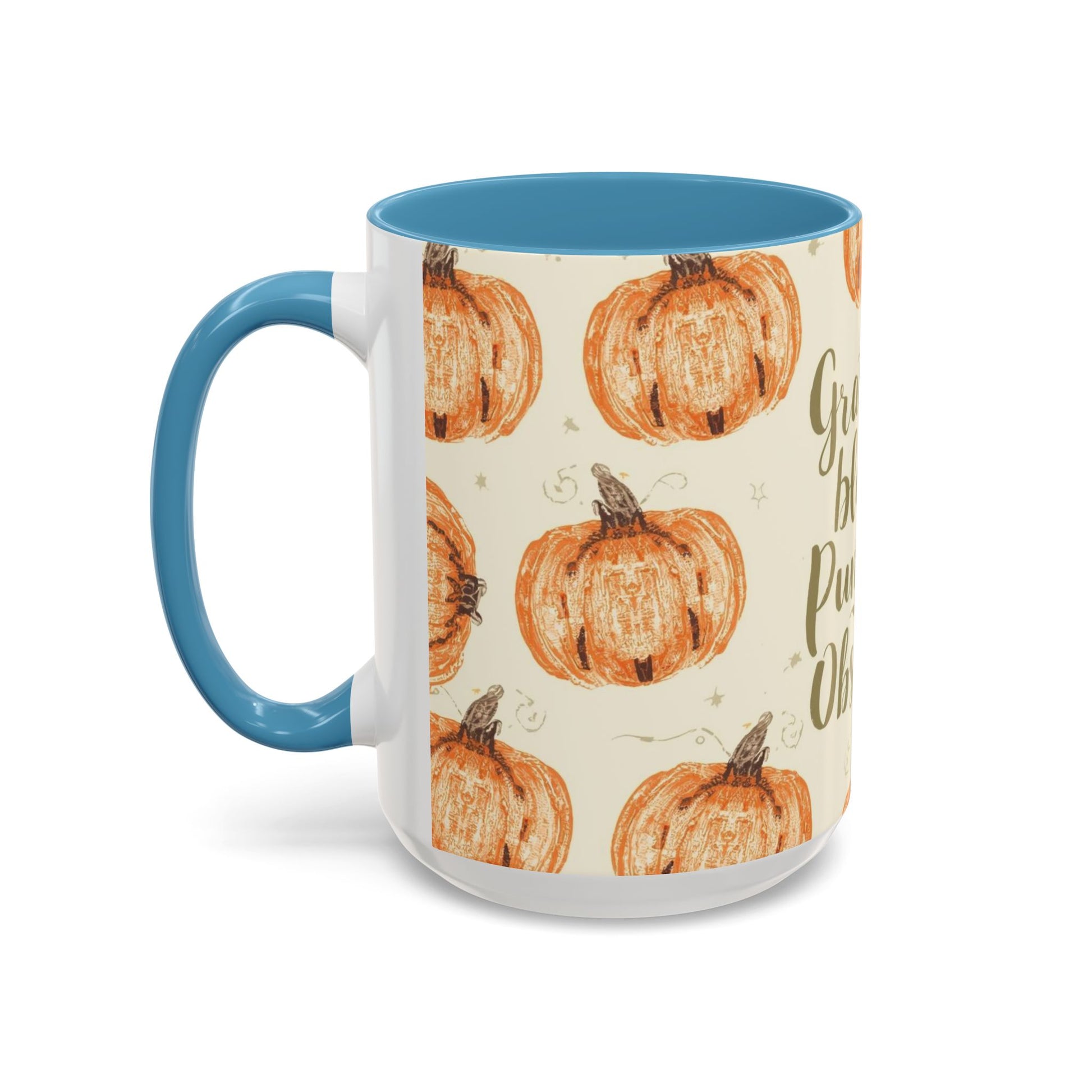 Side view of Grateful, Blessed & Pumpkin Obsessed 15oz light blue accent mug — fall pumpkin design with cream background and cozy seasonal style.