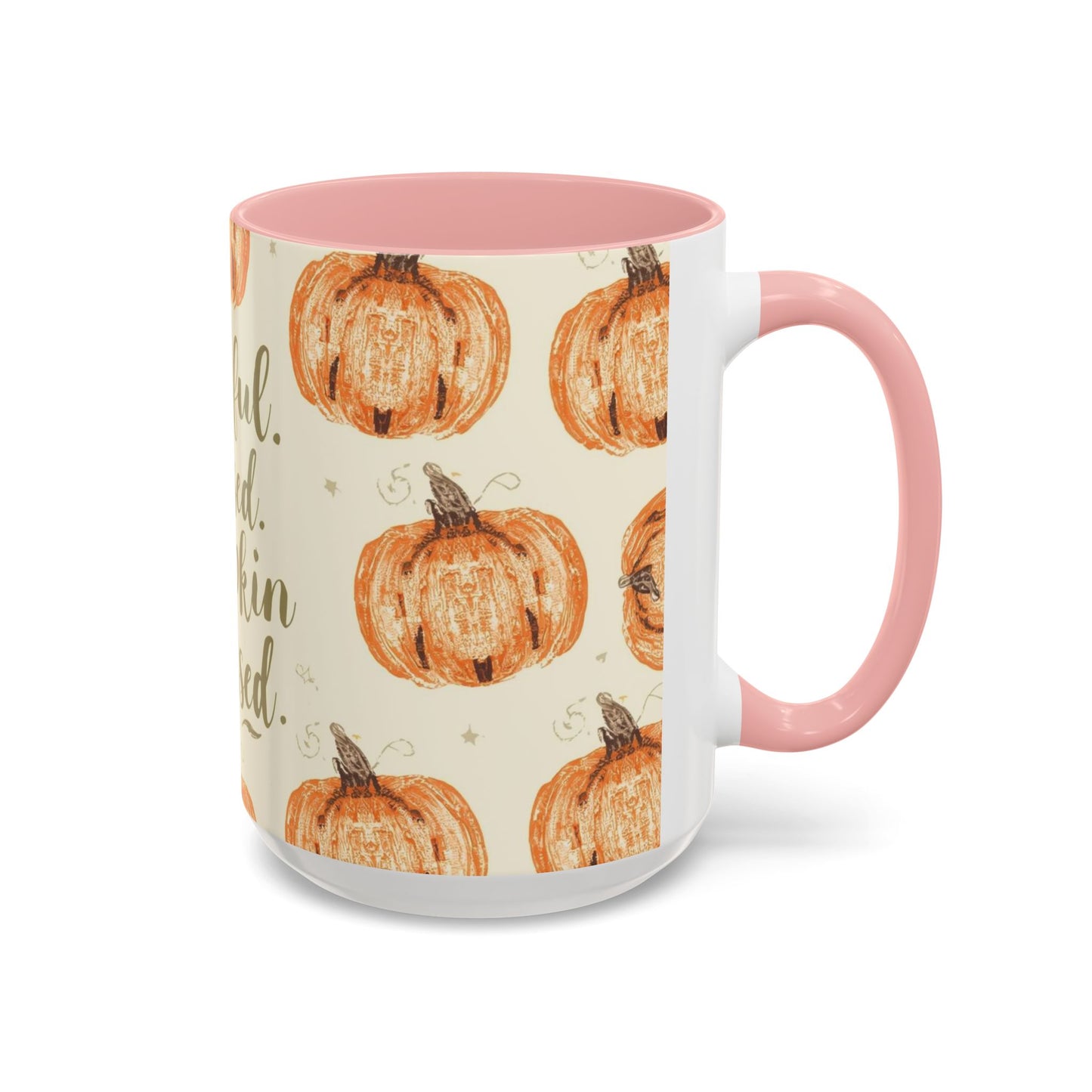Grateful, Blessed & Pumpkin Obsessed 15oz light pink accent mug — autumn-themed coffee cup with pumpkin design and pastel pink interior.