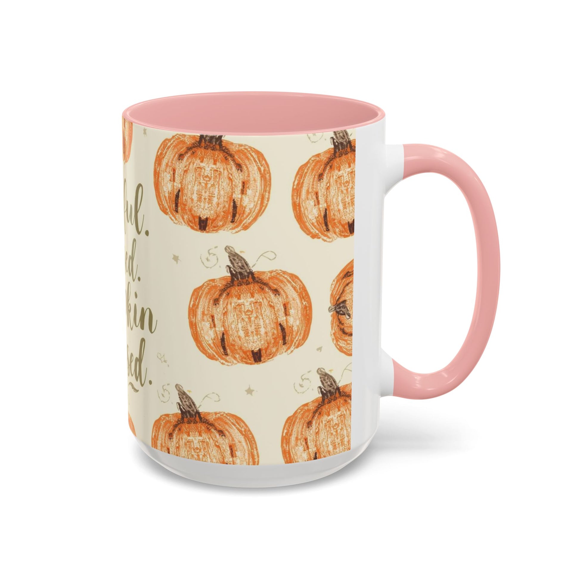 Grateful, Blessed & Pumpkin Obsessed 15oz light pink accent mug — autumn-themed coffee cup with pumpkin design and pastel pink interior.
