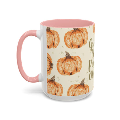 Side view of Grateful, Blessed & Pumpkin Obsessed 15oz pink accent mug — cozy fall drinkware featuring hand-drawn pumpkins and script text.