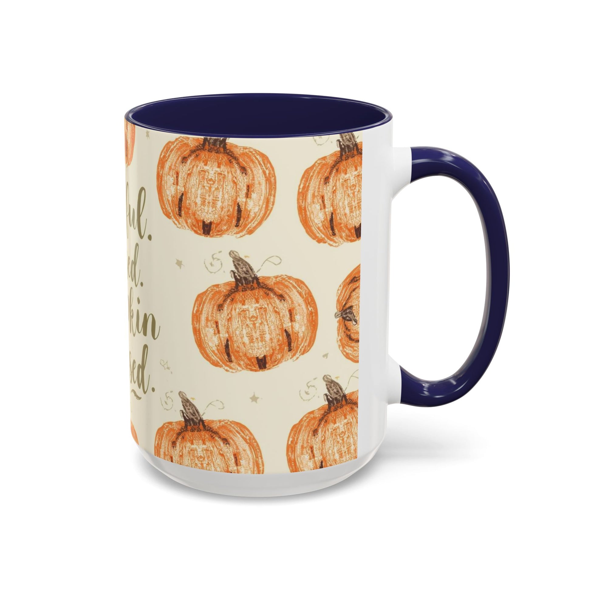 Grateful, Blessed & Pumpkin Obsessed 15oz navy accent mug — fall coffee cup featuring hand-drawn pumpkin pattern with dark blue interior and handle.