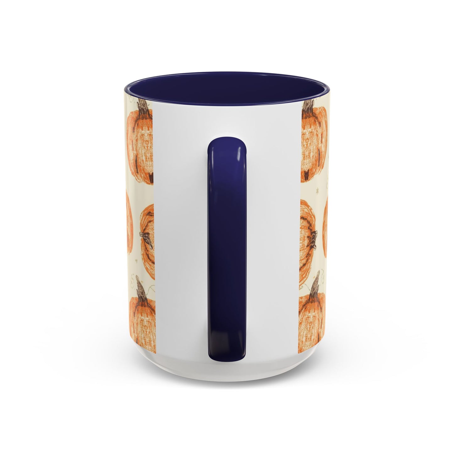 Back view of Grateful, Blessed & Pumpkin Obsessed 15oz mug — navy handle and interior with repeating fall pumpkin design.