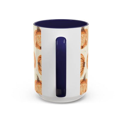 Back view of Grateful, Blessed & Pumpkin Obsessed 15oz mug — navy handle and interior with repeating fall pumpkin design.
