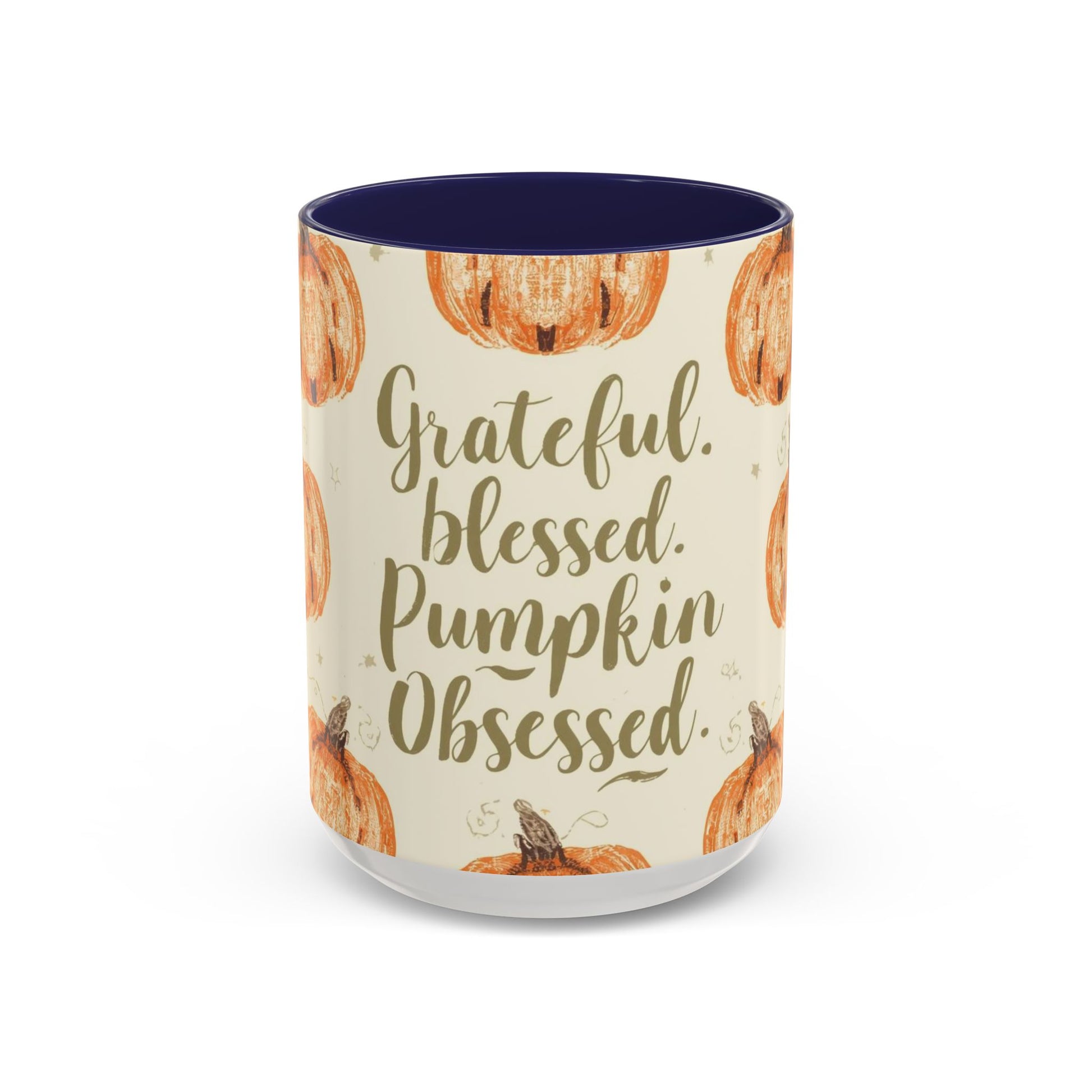 Grateful, Blessed & Pumpkin Obsessed 15oz navy accent mug — fall coffee cup featuring hand-drawn pumpkin pattern with dark blue interior and handle.
