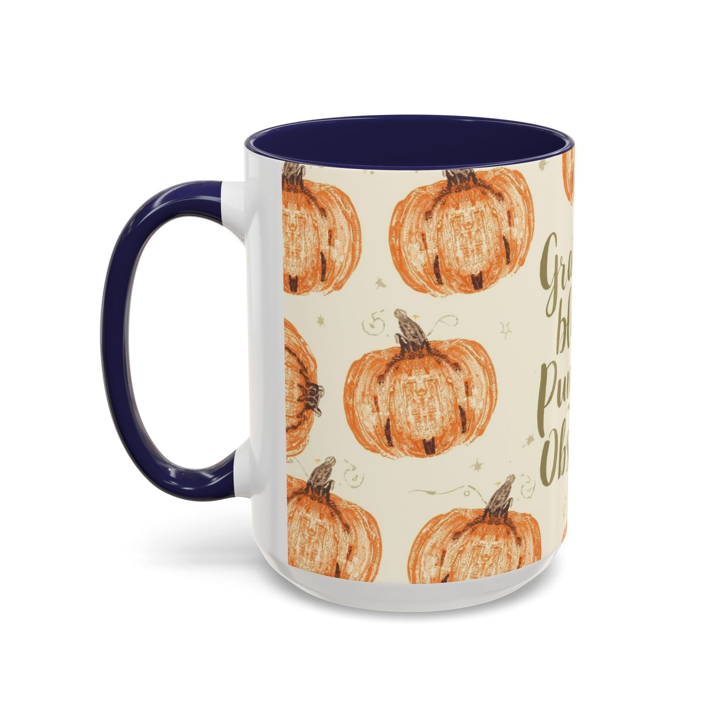 Side view of Grateful, Blessed & Pumpkin Obsessed navy accent mug — large autumn drinkware with orange pumpkins on cream background.