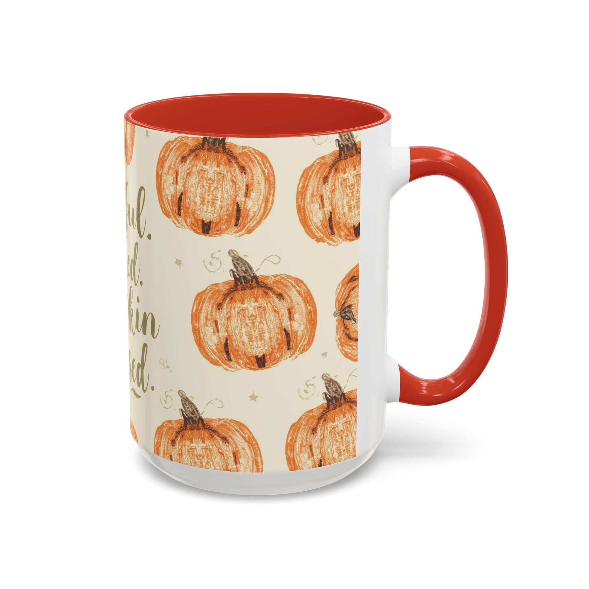 Grateful, Blessed & Pumpkin Obsessed 15oz red accent mug — large autumn coffee cup with orange pumpkins and bold red interior.