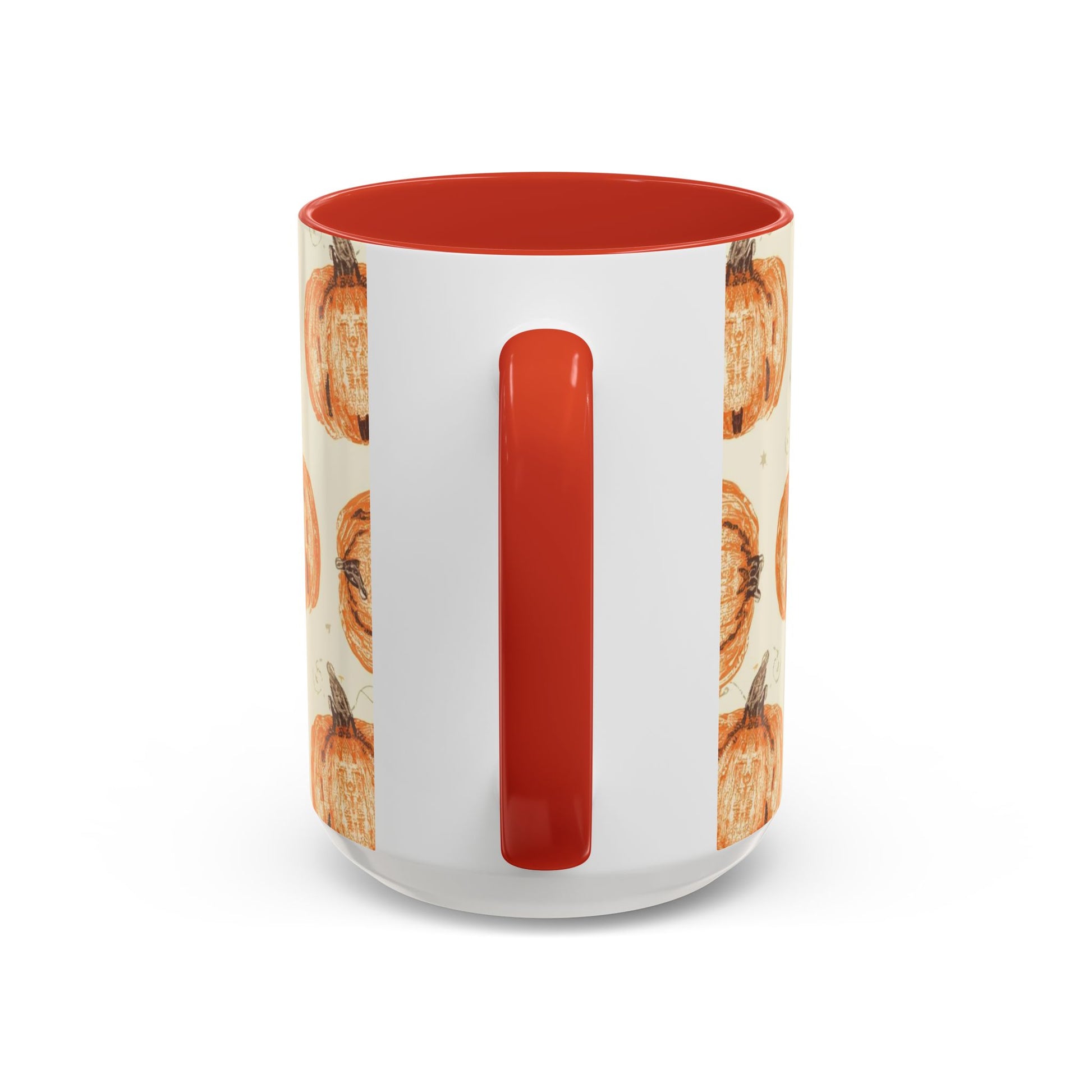 Back view of Grateful, Blessed & Pumpkin Obsessed red accent mug — cream background with orange pumpkins and matching red handle.