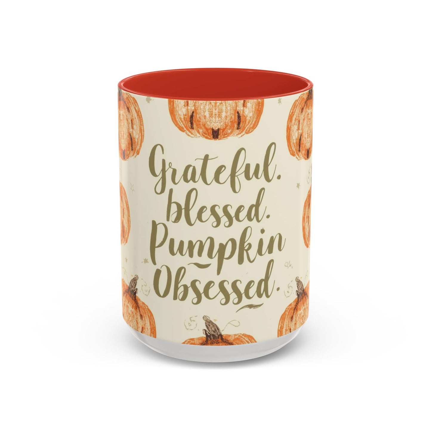Grateful, Blessed & Pumpkin Obsessed 15oz red accent mug — large autumn coffee cup with orange pumpkins and bold red interior.