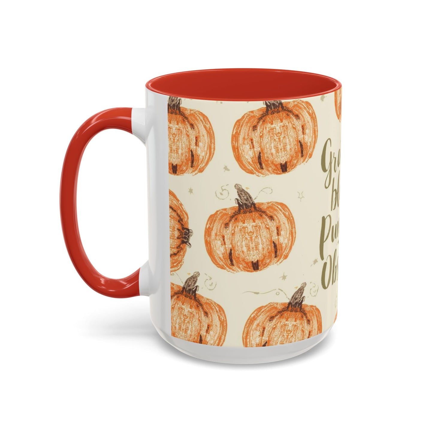 Side view of Grateful, Blessed & Pumpkin Obsessed 15oz red accent mug — festive fall pumpkin print with vibrant red handle.