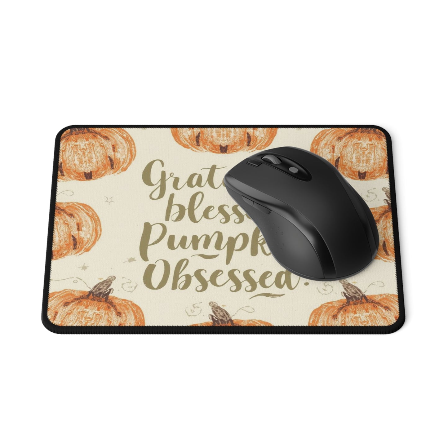Flatlay of Grateful, Blessed & Pumpkin Obsessed mouse pad with wireless mouse — perfect fall office accessory featuring orange pumpkins and soft surface.
