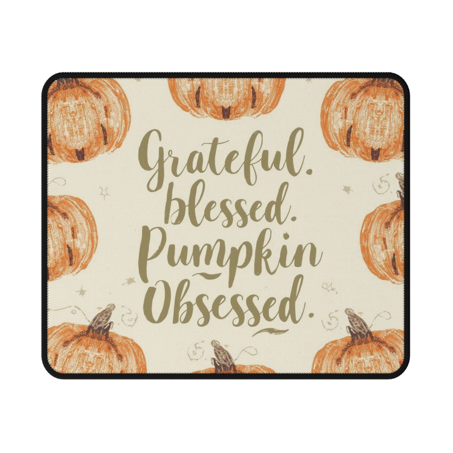 Grateful, Blessed & Pumpkin Obsessed mouse pad — cream background with rustic orange pumpkins and fall typography design for cozy desk décor.