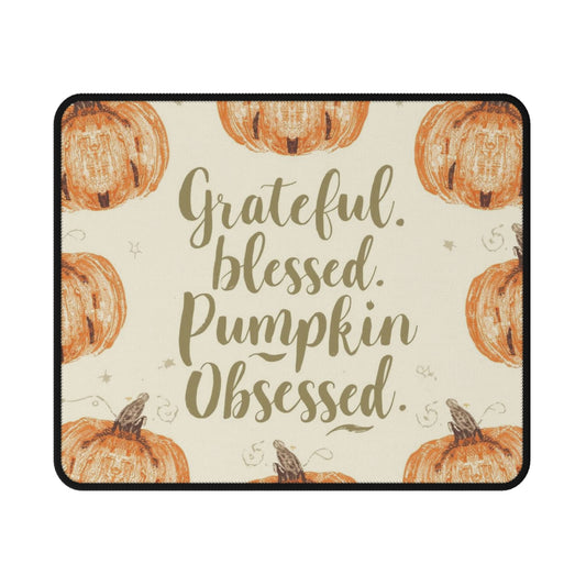 Grateful, Blessed & Pumpkin Obsessed mouse pad — cream background with rustic orange pumpkins and fall typography design for cozy desk décor.