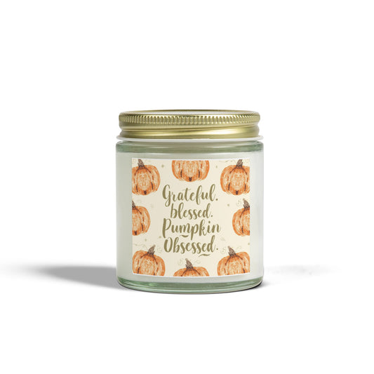 Clear glass “Grateful, Blessed & Pumpkin Obsessed” 4 oz candle with gold lid — fruity blackberry vanilla scented candle with pumpkin label design.