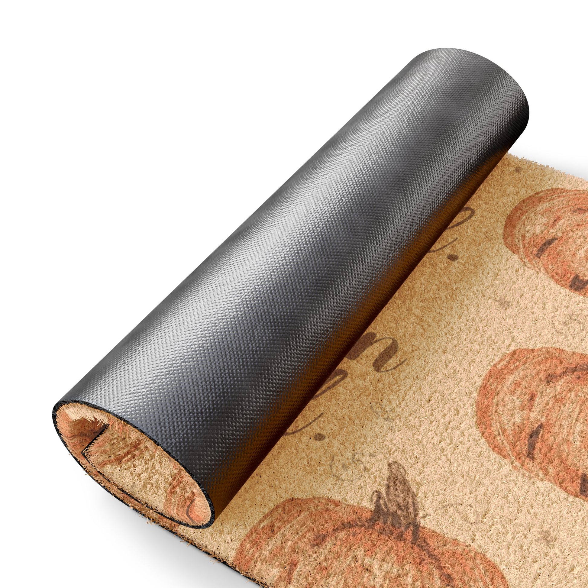 Close-up of “Grateful, Blessed & Pumpkin Obsessed” fall doormat showing textured coir surface and non-slip rubber backing — durable autumn entryway mat.