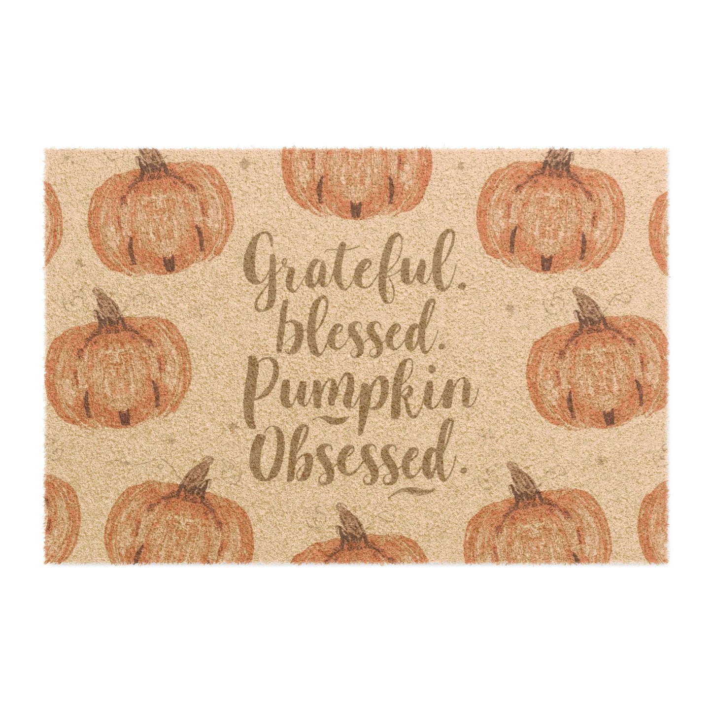 “Grateful, Blessed & Pumpkin Obsessed” fall doormat with orange pumpkins on tan background — cozy farmhouse welcome mat for autumn entryways.