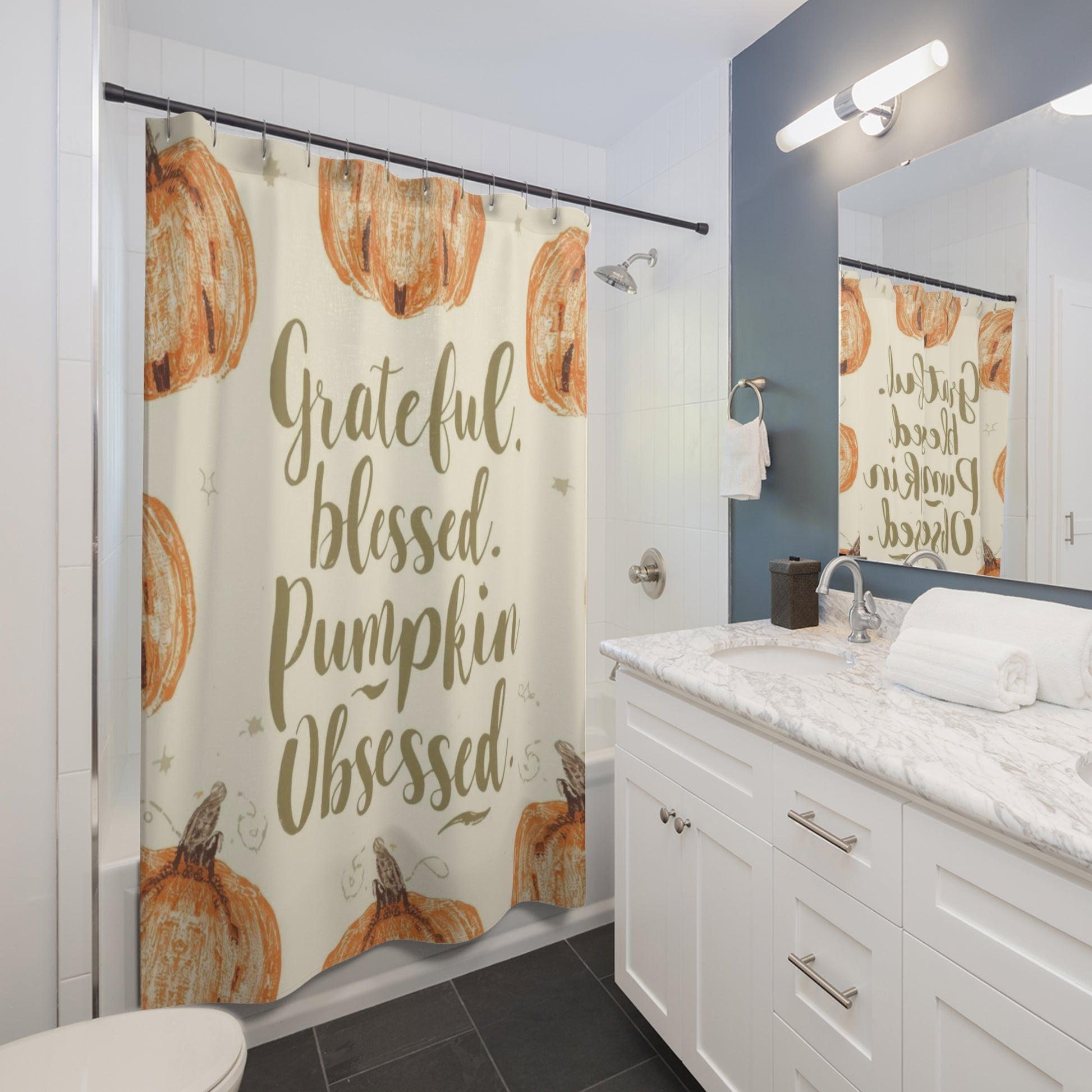 “Grateful, Blessed & Pumpkin Obsessed” shower curtain styled in a modern white bathroom — festive fall home decor with farmhouse charm.