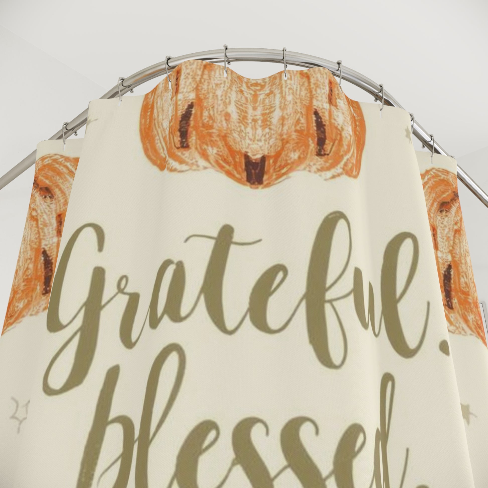 Close-up of “Grateful, Blessed & Pumpkin Obsessed” shower curtain showing pumpkin pattern and hanging grommets — cozy fall bathroom accent.