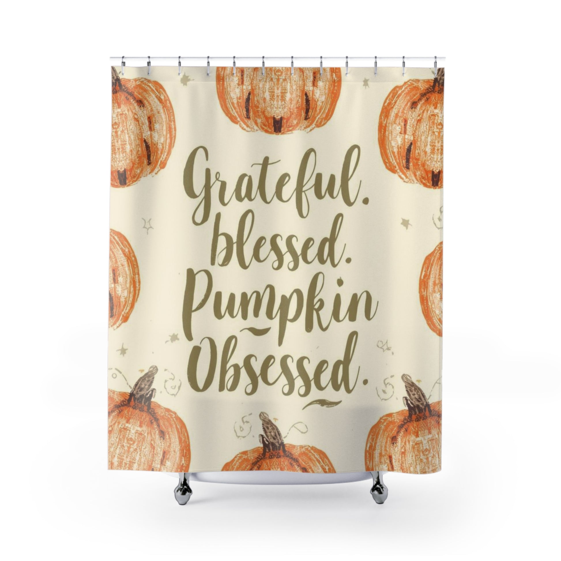 Cream and orange “Grateful, Blessed & Pumpkin Obsessed” fall shower curtain — farmhouse-style autumn bathroom decor with pumpkins.