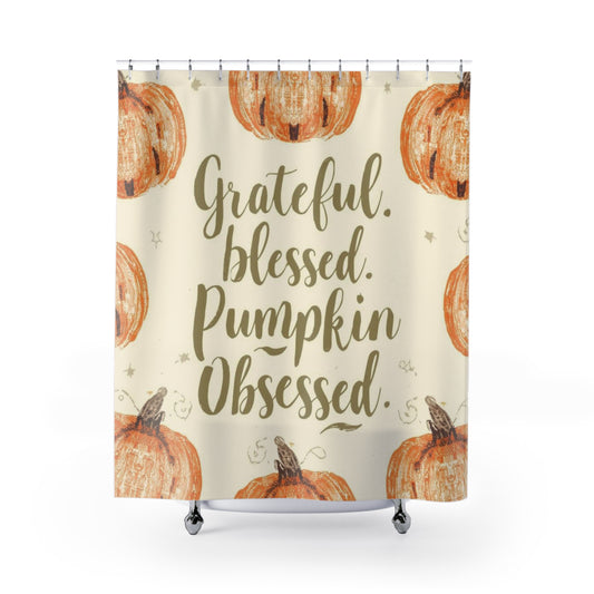Cream and orange “Grateful, Blessed & Pumpkin Obsessed” fall shower curtain — farmhouse-style autumn bathroom decor with pumpkins.