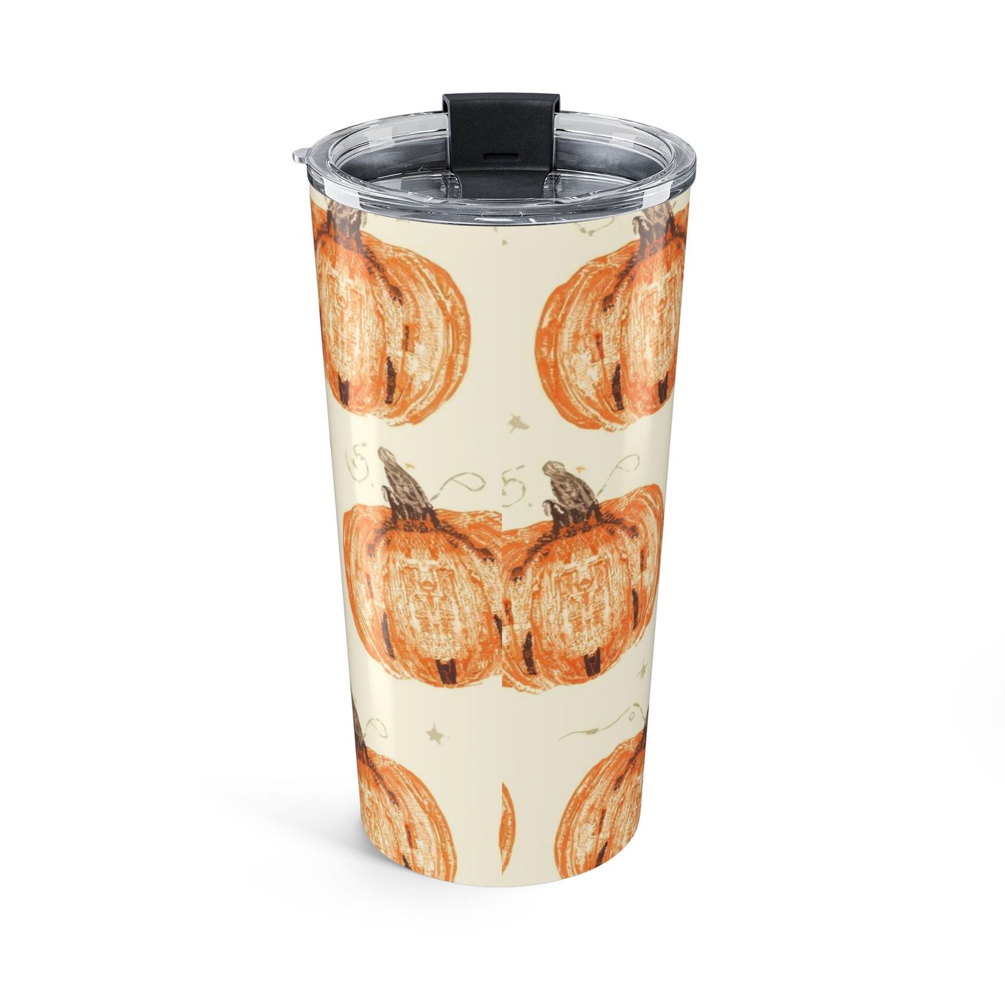 Back of “Grateful, Blessed & Pumpkin Obsessed” tumbler showing full pumpkin pattern — festive fall drinkware for hot or cold beverages.