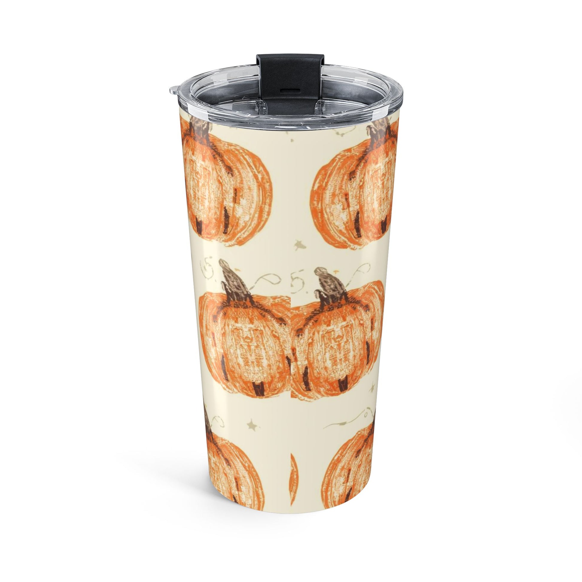 Back of “Grateful, Blessed & Pumpkin Obsessed” tumbler showing full pumpkin pattern — festive fall drinkware for hot or cold beverages.