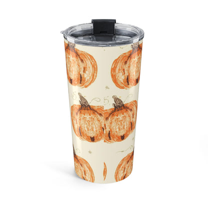 Back of “Grateful, Blessed & Pumpkin Obsessed” tumbler showing full pumpkin pattern — festive fall drinkware for hot or cold beverages.