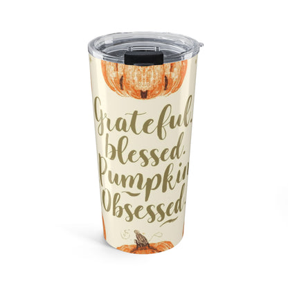 Cream “Grateful, Blessed & Pumpkin Obsessed” 20 oz tumbler with pumpkin illustrations — cozy fall stainless steel travel mug for pumpkin spice lovers.