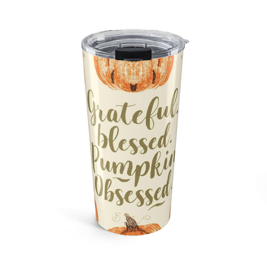 Cream “Grateful, Blessed & Pumpkin Obsessed” 20 oz tumbler with pumpkin illustrations — cozy fall stainless steel travel mug for pumpkin spice lovers.