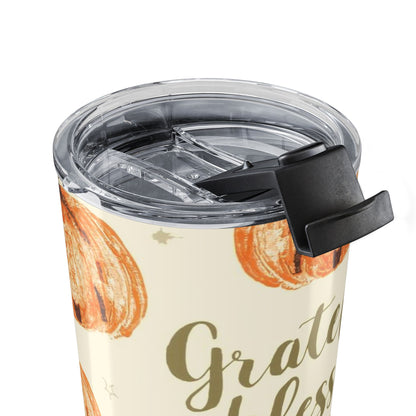 Close-up of “Grateful, Blessed & Pumpkin Obsessed” tumbler lid — clear slide-top design for spill-free sipping on the go.