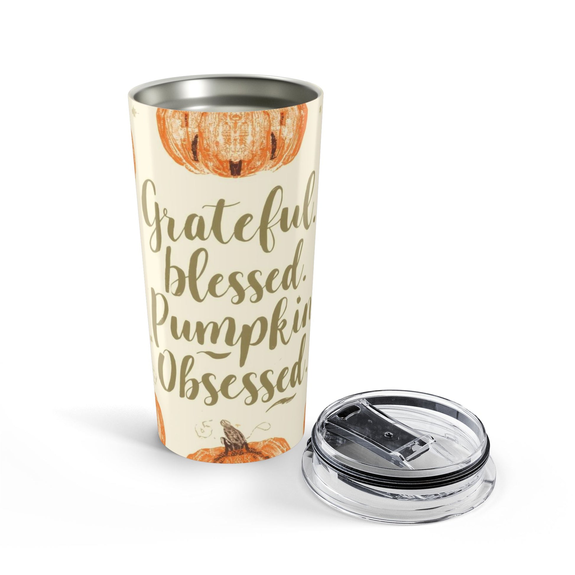 “Grateful, Blessed & Pumpkin Obsessed” tumbler with removable lid — stainless steel interior perfect for pumpkin spice lattes and cozy fall drinks.