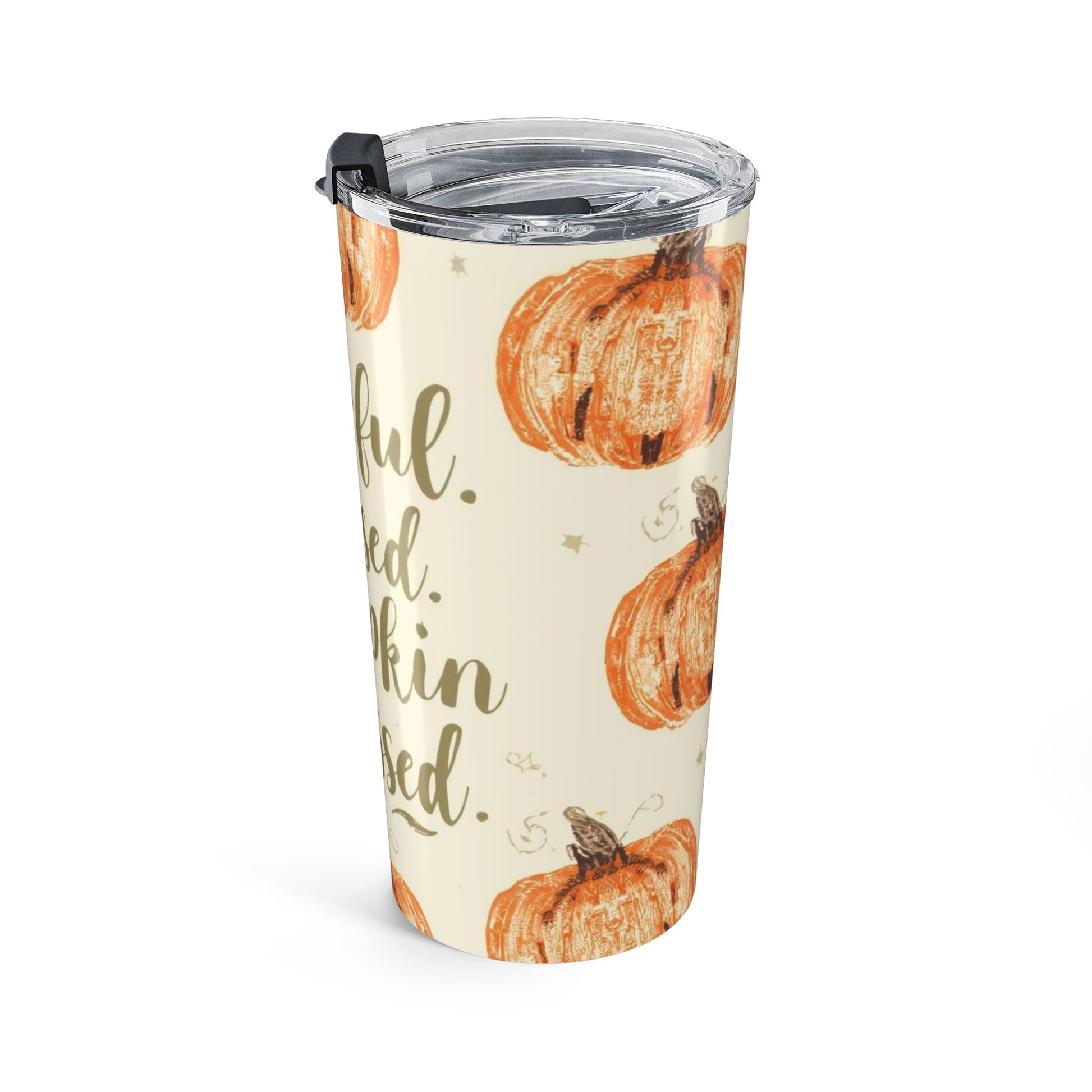 Right-side view of “Grateful, Blessed & Pumpkin Obsessed” tumbler — cream background with rustic pumpkin illustrations for fall decor lovers.