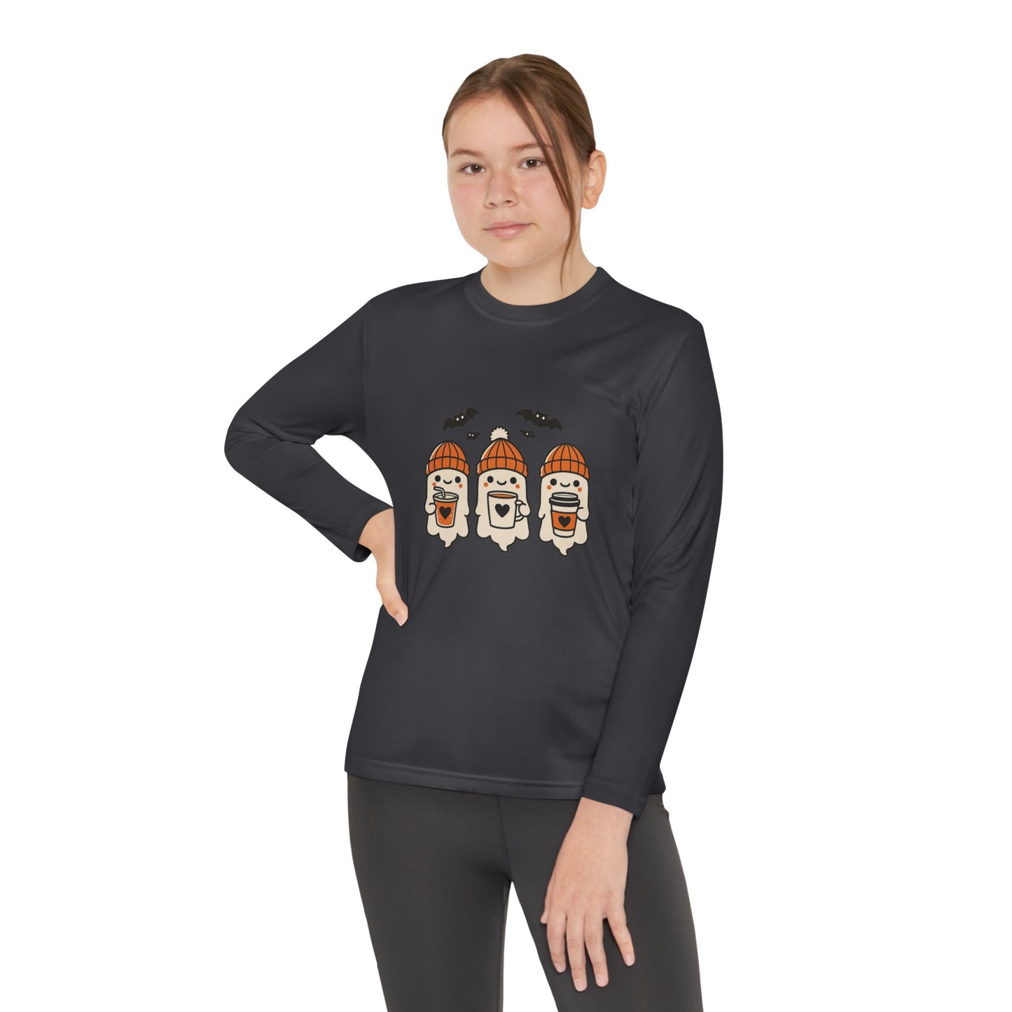 young/youth Woman wearing charcoal grey Halloween ghost long sleeve shirt, fall fashion from Makin’ It By Lady Ev.
