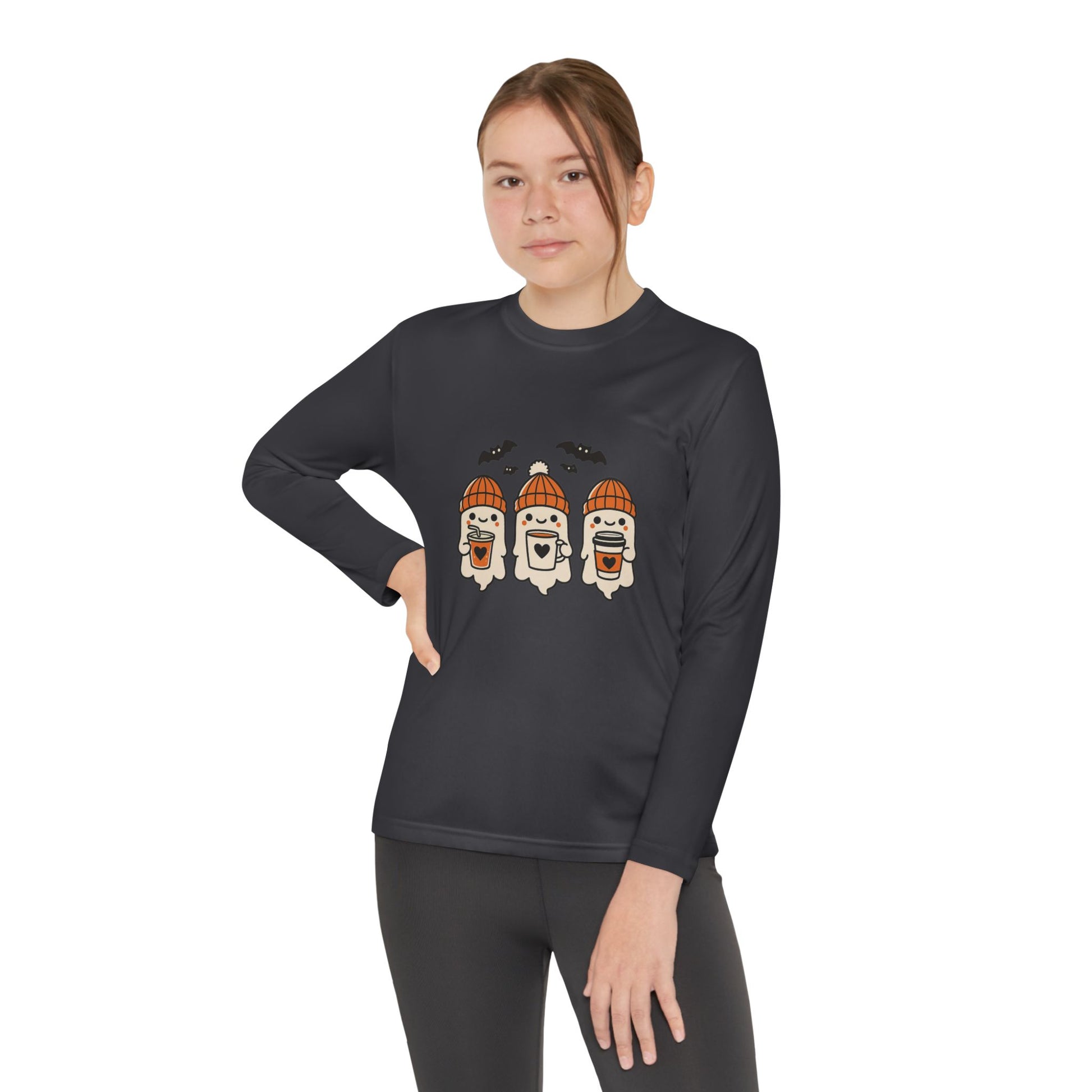 young/youth Woman wearing charcoal grey Halloween ghost long sleeve shirt, fall fashion from Makin’ It By Lady Ev.