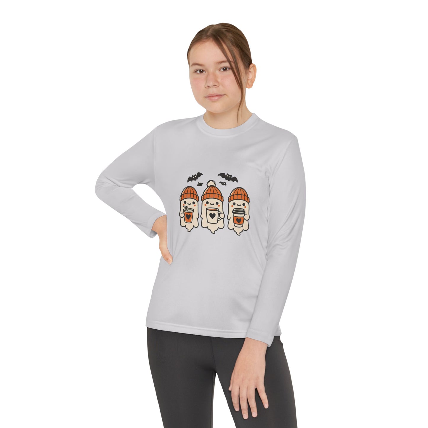 young/youth Woman wearing silver long sleeve Halloween shirt with three adorable ghosts, Makin’ It By Lady Ev.