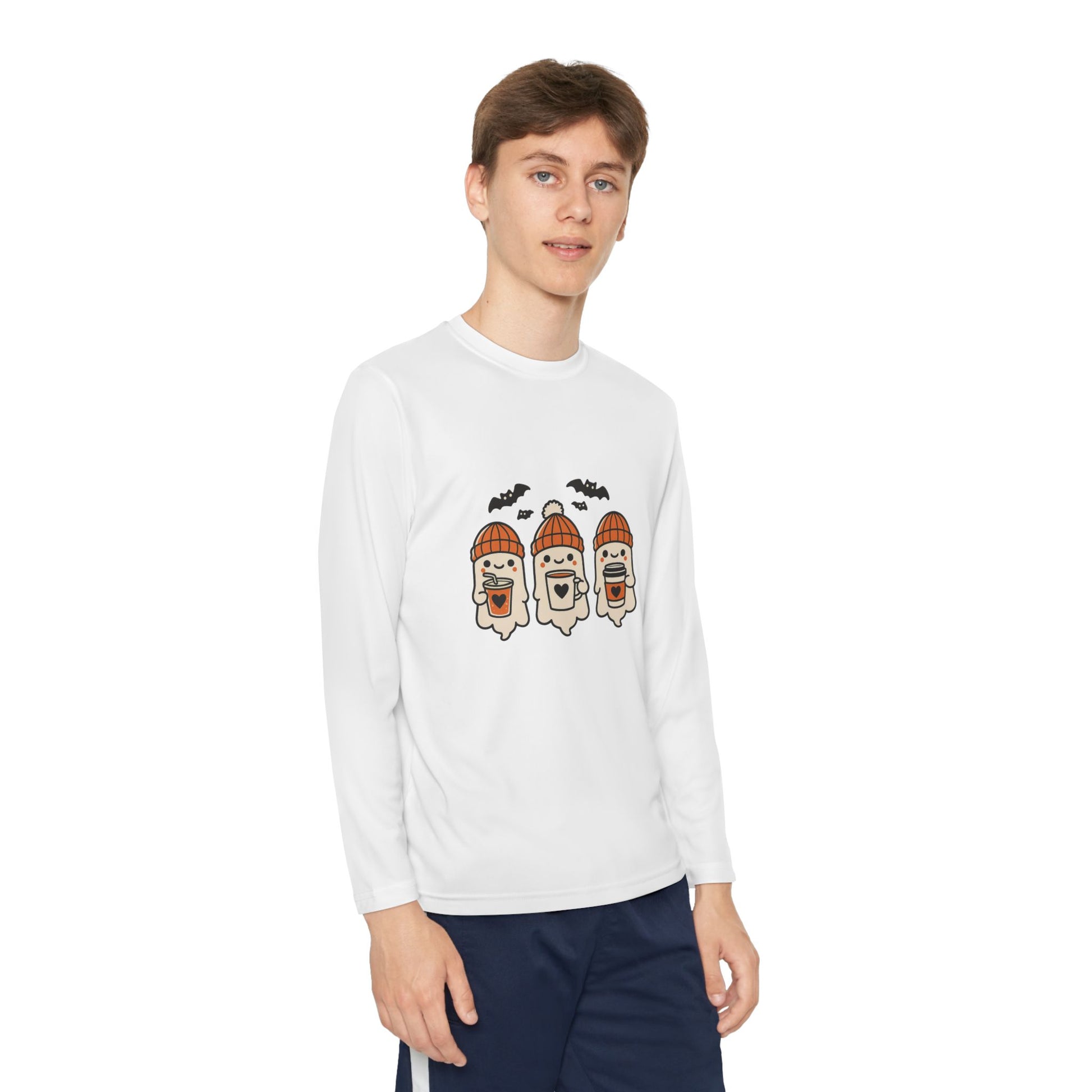 Young Man wearing white Halloween long sleeve shirt with three cute ghosts in orange beanies, Makin’ It By Lady Ev.