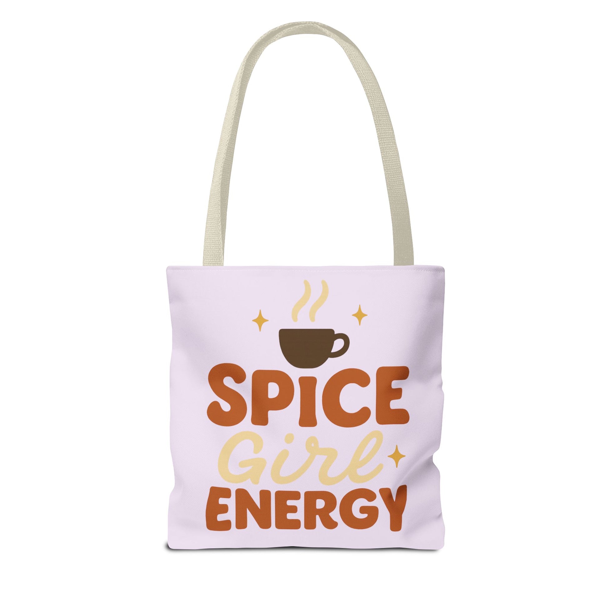 Lilac “Spice Girl Energy” tote bag with beige straps — pastel purple coffee-lover tote with retro lettering and cozy fall aesthetic.