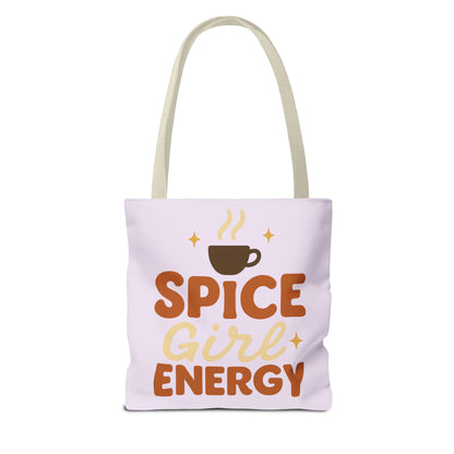 Lilac “Spice Girl Energy” tote bag with beige straps — pastel purple coffee-lover tote with retro lettering and cozy fall aesthetic.